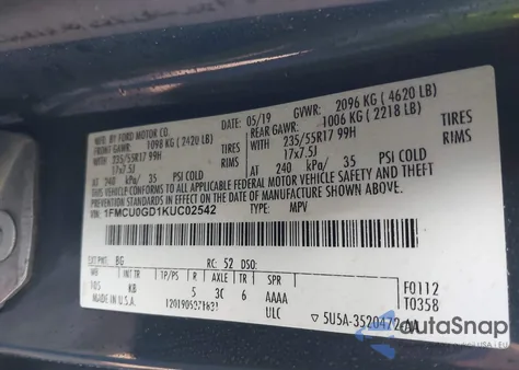 2019 Ford Escape Se from USA, damaged, VIN 1FMCU0GD1KUC02542